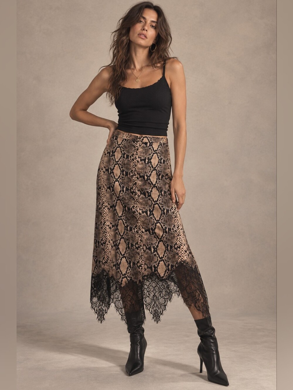 Snake Print Midi Skirt with Black Lace Hem | Y2K Animal Print Skirt